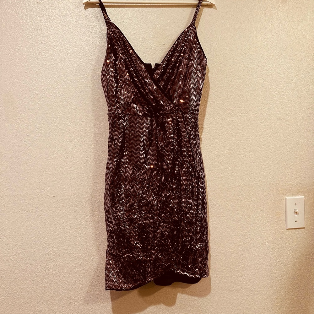 Sequin V-Neck Dress - Brown